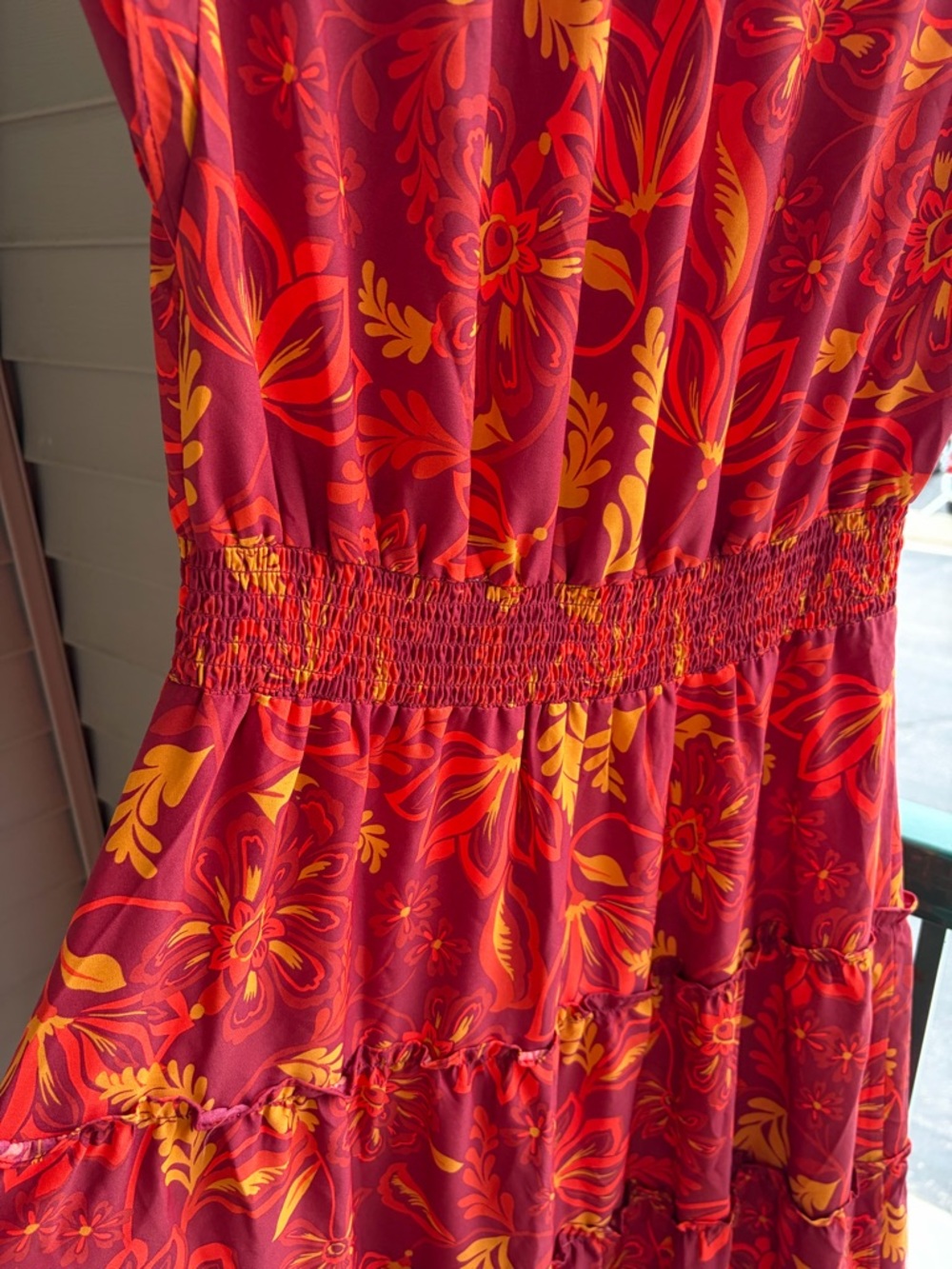 🆕🍎 Vince Camuto Boho Floral Maxi Dress Red Orange Tiered Size L Summer Flowy - Picture 8 of 16